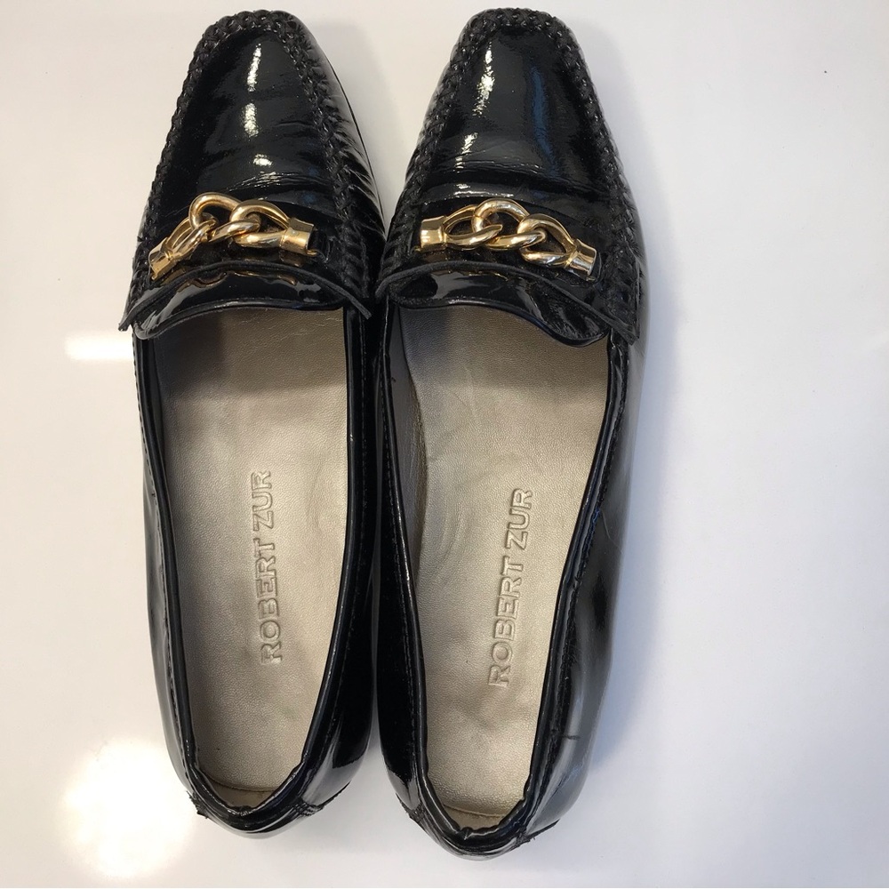 Robert Zur Glossy Black Loafers with Gold Chain-never worn